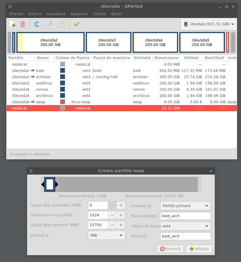 GParted setare partiție boot_arch