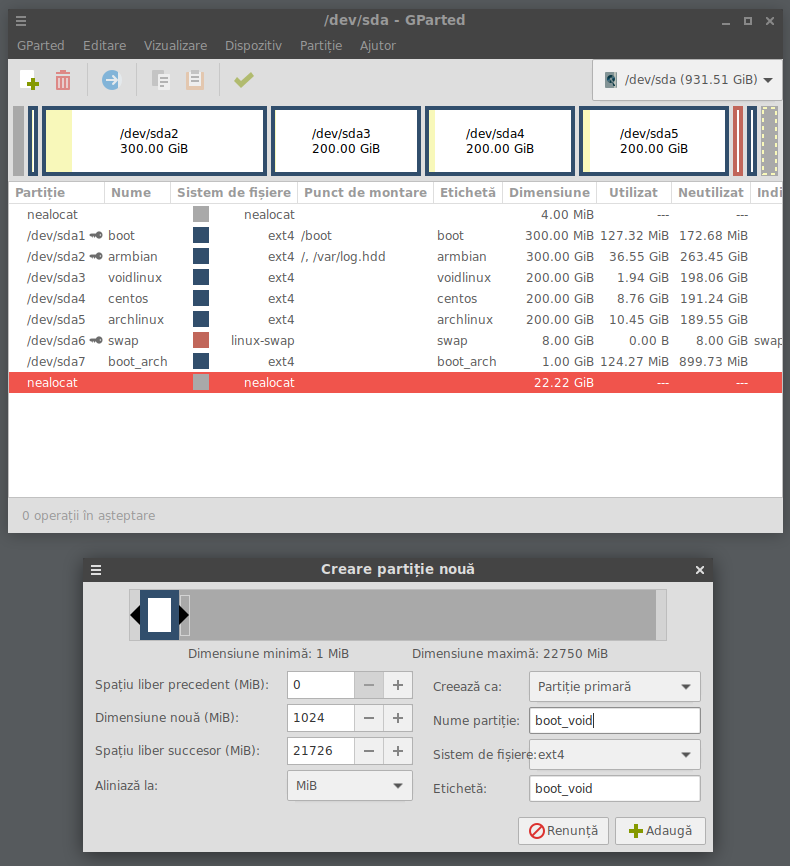 GParted setările partiție de **boot**